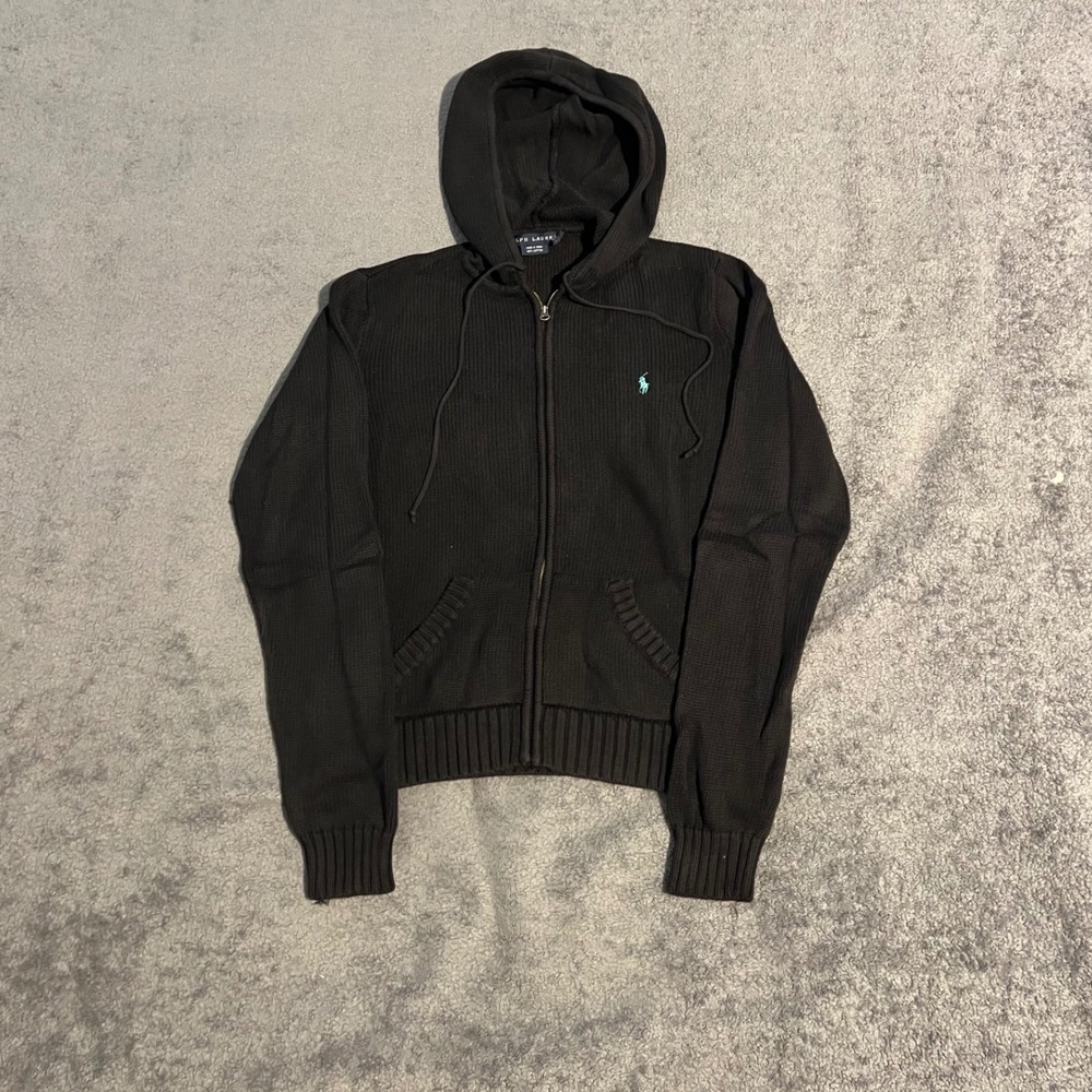 Vintage Y2K Ralph Lauren Womens Black Cotton Knit Full Zip Hoodie Pony Logo L
